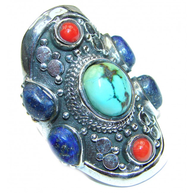 Natural Fossilized Coral Turquoise .925 Sterling Silver handmade ring s. 6 1/2