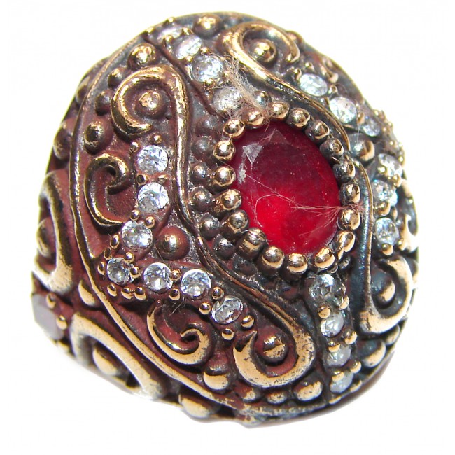 Large Victorian Style created Ruby & White Topaz Sterling Silver ring; s. 6 3/4