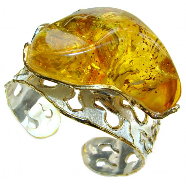 One of the kind Huge genuine Amber 14K Gold over .925 Sterling Silver handmade Bracelet / Cuff