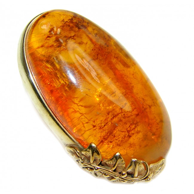 Huge Authentic Baltic Amber 18K Gold over .925 Sterling Silver handcrafted ring; s. 8 adjustable