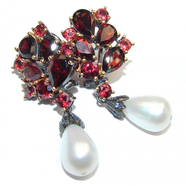 Spectacular Authentic Garnet Pearl Gold black rhodium over .925 Sterling Silver handmade earrings