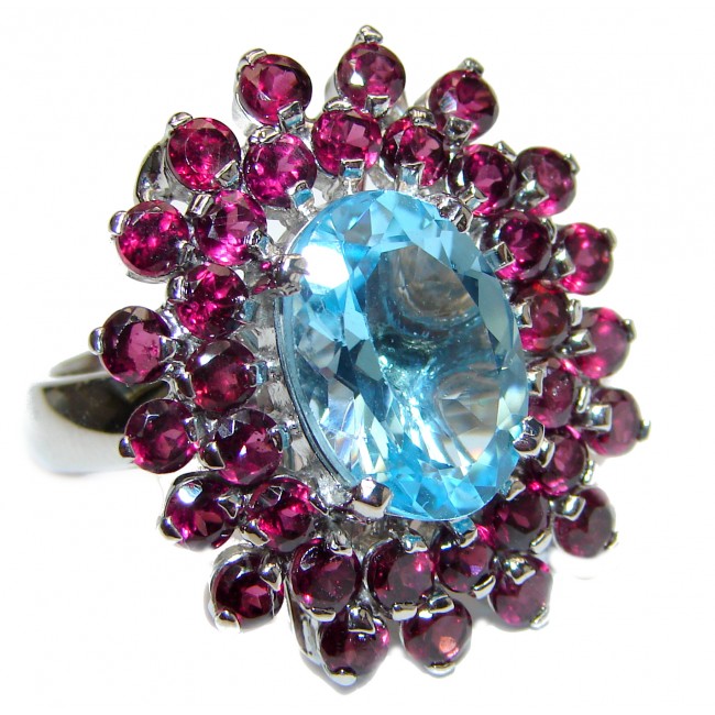 Genuine 18ctw Swiss Blue Topaz Tourmaline .925 Sterling Silver handcrafted Statement Ring size 7 3/4