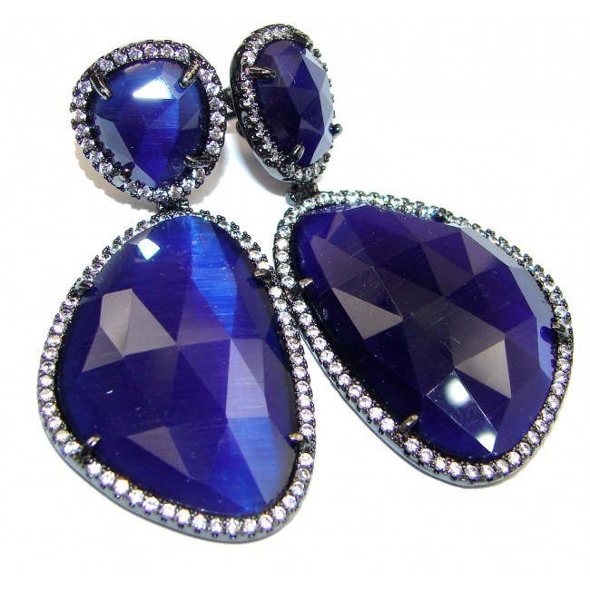 Large Very Unique lab. Blue Saphire Balck Rhodium over .925 Sterling Silver earrings
