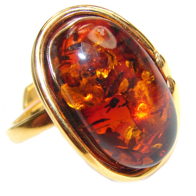Huge Authentic Baltic Amber 18K Gold .925 Sterling Silver handcrafted ring; s. 7 adjustable