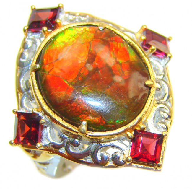 Genuine Canadian Ammolite 18K Gold over .925 Sterling Silver handmade ring size 6 1/4