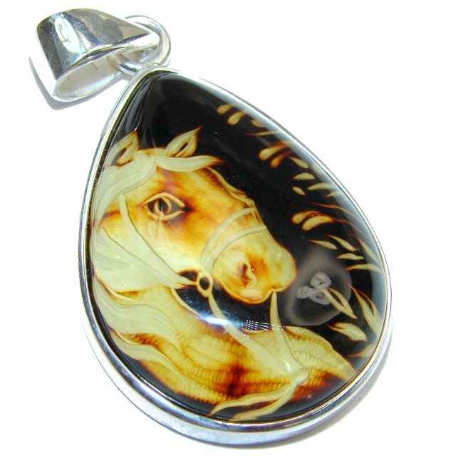 Wild Horse Authentic carved Baltic Amber .925 Sterling Silver handmade Pendant