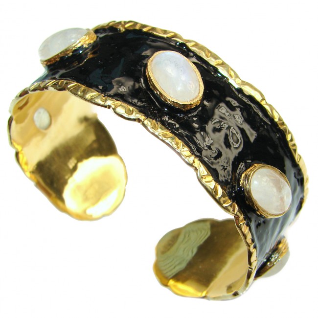 Stunning Authentic Fire Moonstone Nacre 18K Gold over .925 Sterling Silver handcrafted Statement Bracelet / Cuff
