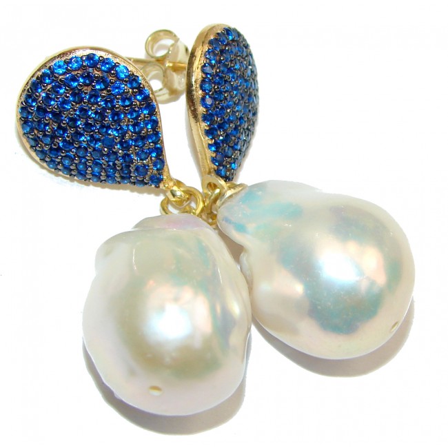 Precious genuine Mother of Pearl Sapphire 24K Gold over .925 Sterling Silver earrings