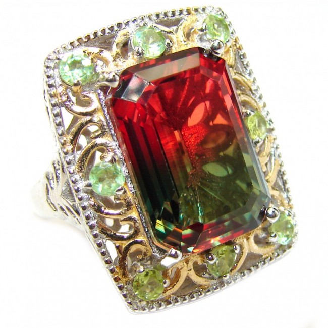 HUGE Emerald cut Watermelon Tourmaline color Topaz 18k Gold over .925 Sterling Silver handcrafted Ring s. 7