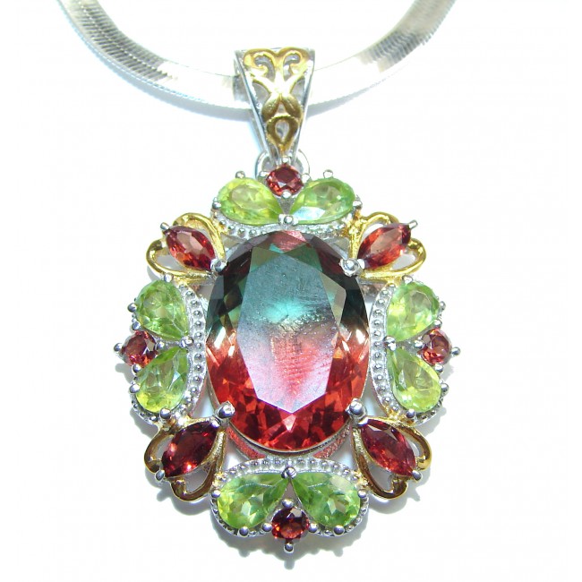 Emerald cut Watermelon Tourmaline 14K Gold over .925 Sterling Silver handcrafted necklace