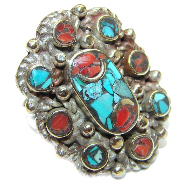 Natural Fossilized Coral Turquoise .925 Sterling Silver handmade ring s. 7