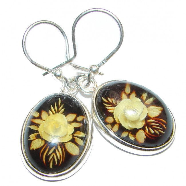 Back in time Genuine carved Baltic Polish Amber Sterling Silver handmade Earrings