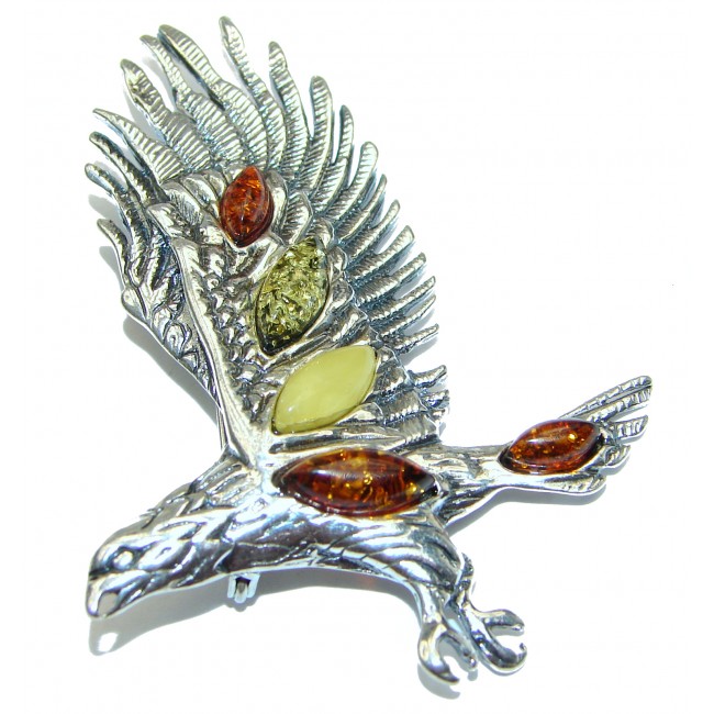 Huge Eagle Beautiful genuine Amber .925 Sterling Silver handcrafted Pendant Brooch