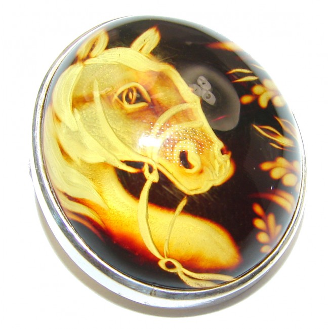 Wild Horse Authentic carved Baltic Amber .925 Sterling Silver handmade Pendant Brooch