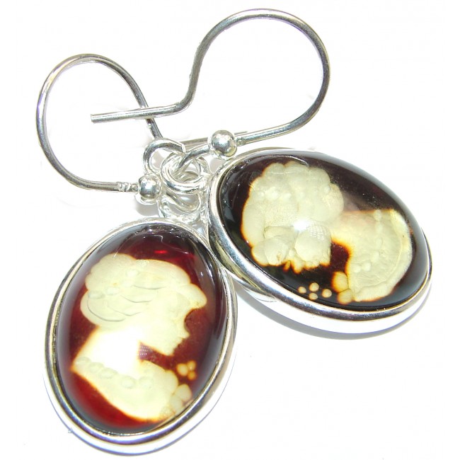 Back in time Genuine carved Baltic Polish Amber Sterling Silver handmade Cameo Earrings