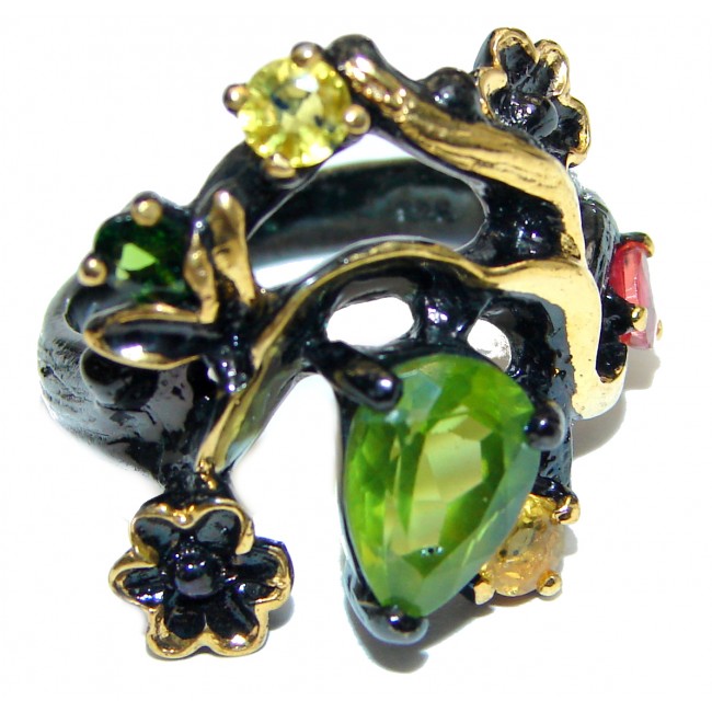Royal style Natural Peridot 18K Gold black rhodium over .925 Sterling Silver handcrafted ring size 8