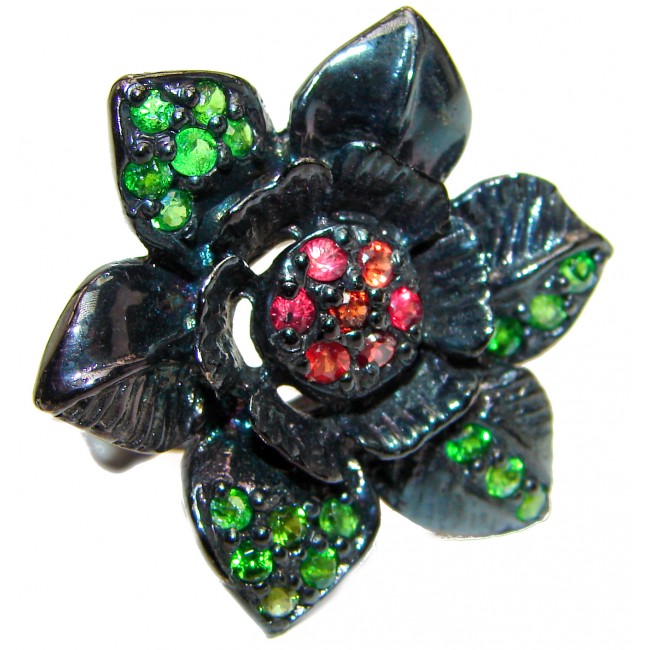 Large Flower Natural Ruby Emerald black rhodium over .925 Sterling Silver handcrafted ring size 9