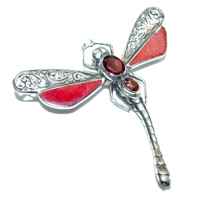 Lady Dragon Red Fossilized Coral Sterling Silver pendant brooch
