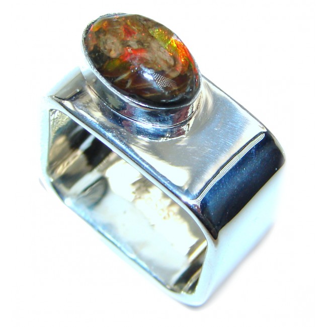 Pure Energy Fire Genuine Canadian Ammolite .925 Sterling Silver handmade ring size 8