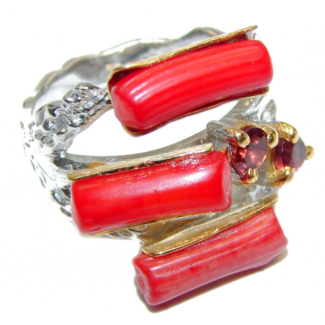 Natural Fossilized Coral 18K Gold over .925 Sterling Silver handmade ring s. 7