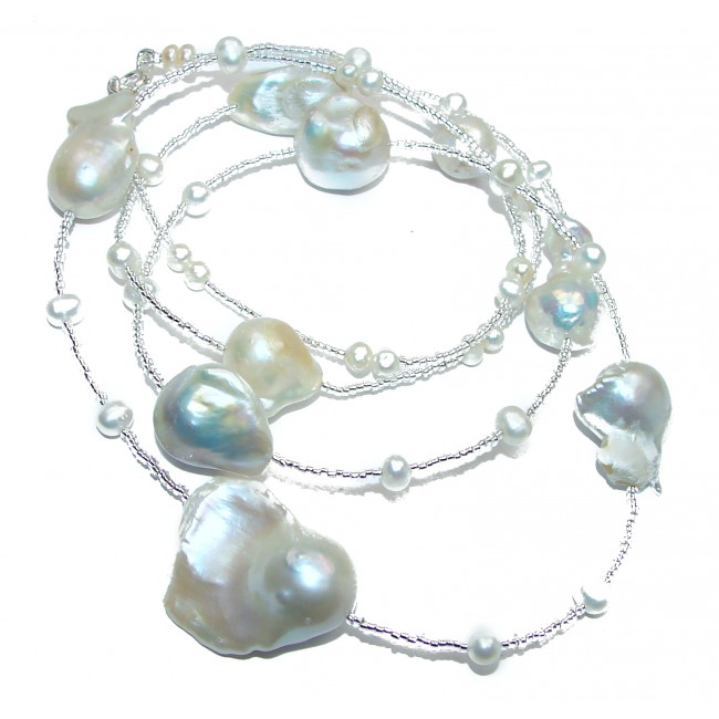 Baroque White Mother of Pearl Crystal .925 Sterling Silver Necklace 34 Inches