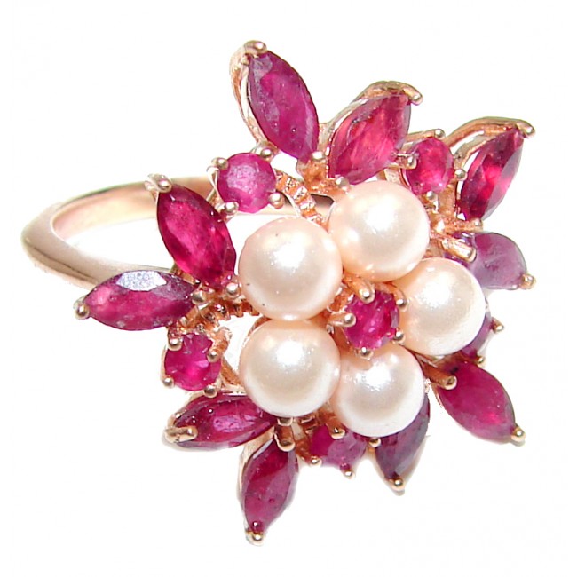 Gabriella Genuine Ruby White Pearl Rose Gold over .925 Sterling Silver handcrafted Statement Ring size 7