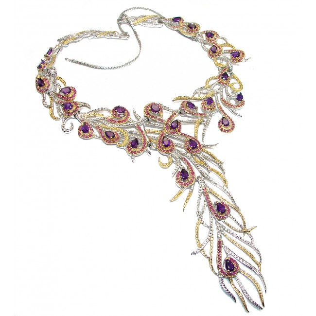 HUGE 70.2 grams Peacock Feather design genuine AMETHYST .925 Sterling Silver handcrafted Necklace