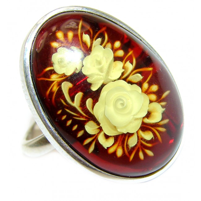 Nature inspired Authentic carved Baltic Amber .925 Sterling Silver handcrafted ring; s. 7 adjustable