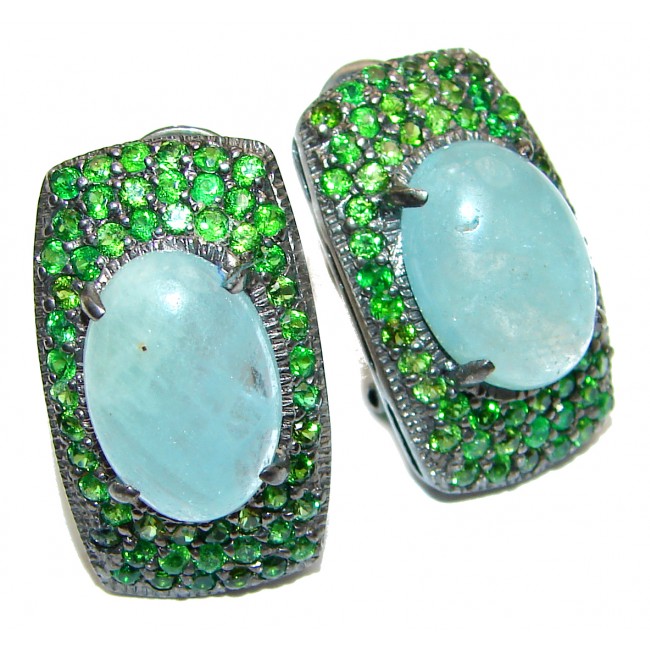Classy Aquamarine Travorite Garnet Rhodium over .925 Sterling Silver handcrafted earrings