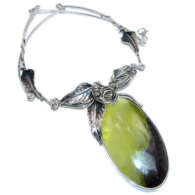 Exquisite Natural Moss Prehnite .925 Sterling Silver handcrafted LARGE necklace