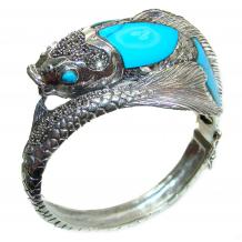 Large Fish  Genuine inlay Turquoise Marcasite .925  Sterling Silver handmade Bracelet Bangle