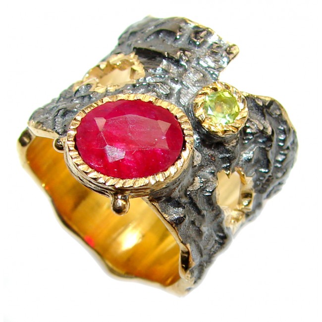 Genuine Ruby 18K Gold .925 Sterling Silver handcrafted Statement Ring size 6 3/4