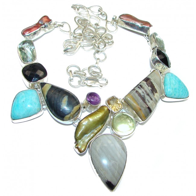 Large Aura Of Beaut Unpolished Multistone Sterling Silver handmade necklace