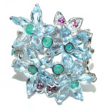 Splendid  genuine Aquamarine  Emerald .925 Sterling Silver Ring size 8