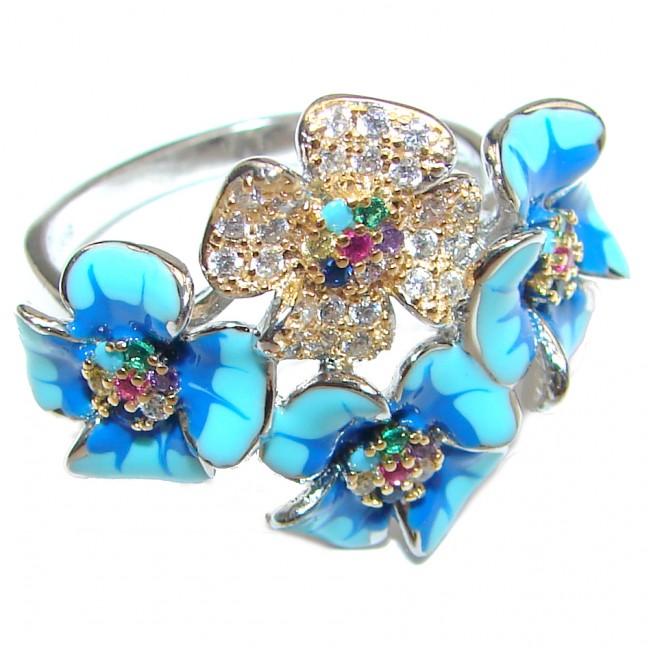 Elegant Enamel Blue Flower .925 Sterling Silver Ring s. 9