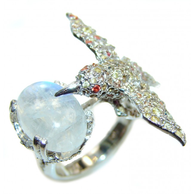 Hummingbird genuine Tourmaline Moonstone .925 Sterling Silver handmade Ring size 7 3/4