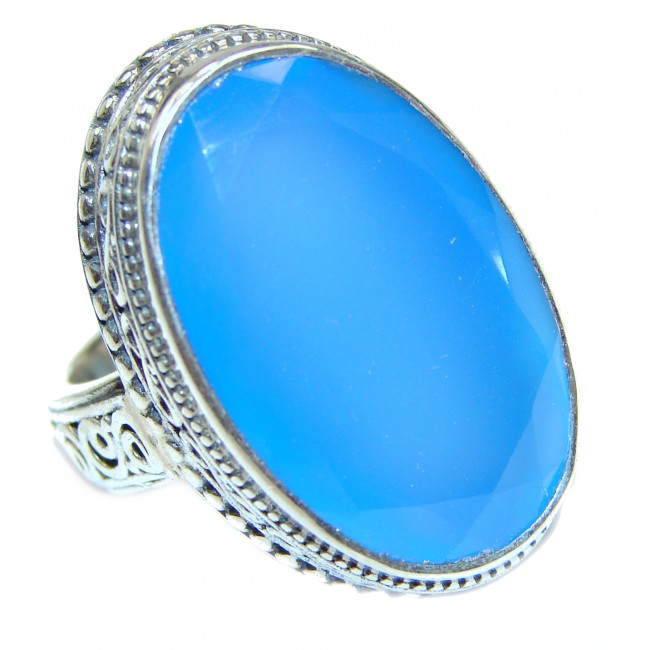Huge Blue Chalcedony Agate .925 Sterling Silver handcrafted Ring s. 7 1/4