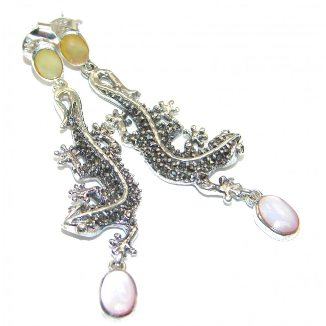 Chameleon Mother of Pearl Marcasite .925 Sterling Silver handmade earrings