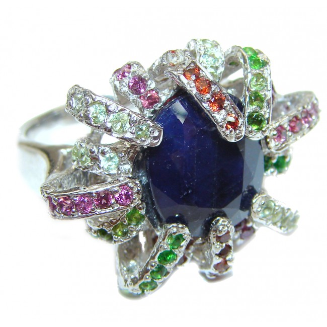 Large Genuine Sapphire .925 Sterling Silver handcrafted Statement Ring size 8 1/4