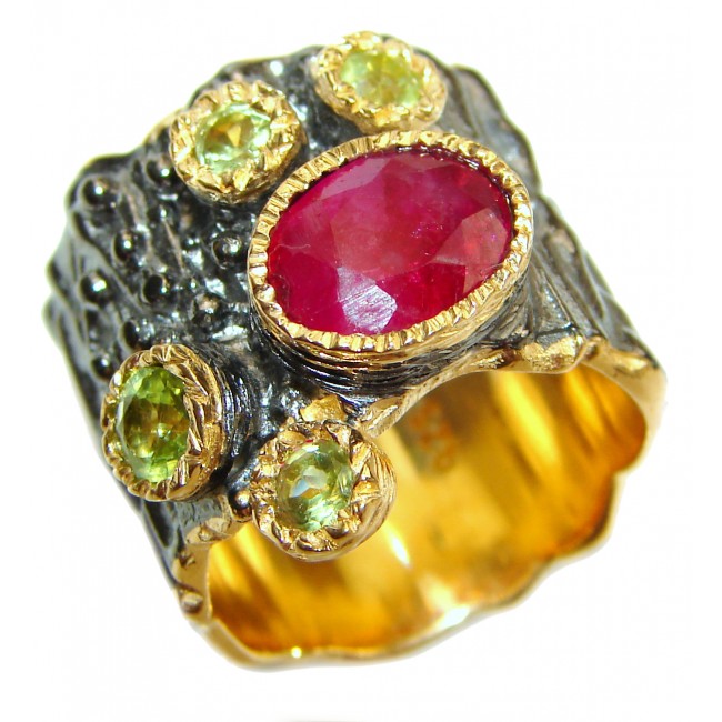 Genuine Ruby 18K Gold .925 Sterling Silver handcrafted Statement Ring size 5 3/4