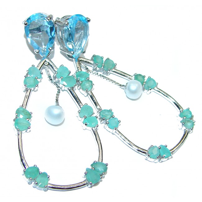 Melissa Authentic Swiss Blue Topaz Emerald .925 Sterling Silver handmade earrings