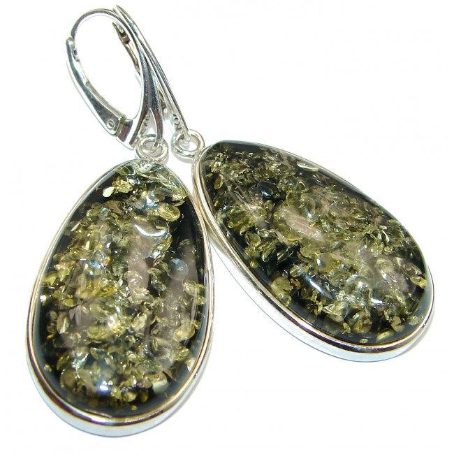 Large Green Baltic Polish Amber .925 Sterling Silver earrings
