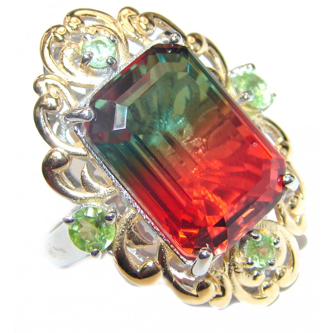 HUGE Emerald cut Watermelon Tourmaline color Topaz 18 K Gold over .925 Sterling Silver handcrafted Ring s. 8 3/4