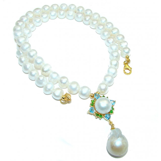 Tsarist heirloom Pearl & Natural Peridot 14K Gold over .925 Sterling Silver handmade Necklace