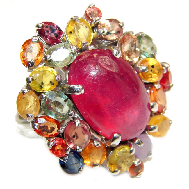 Genuine Juicy Ruby multicolor Sapphire .925 Sterling Silver handcrafted Statement Ring size 8