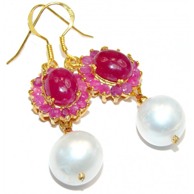 Precious genuine Pearl Ruby 14K Gold over .925 Sterling Silver earrings