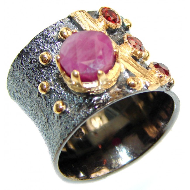 Genuine Ruby 18K Gold .925 Sterling Silver handcrafted Statement Ring size 6 1/2