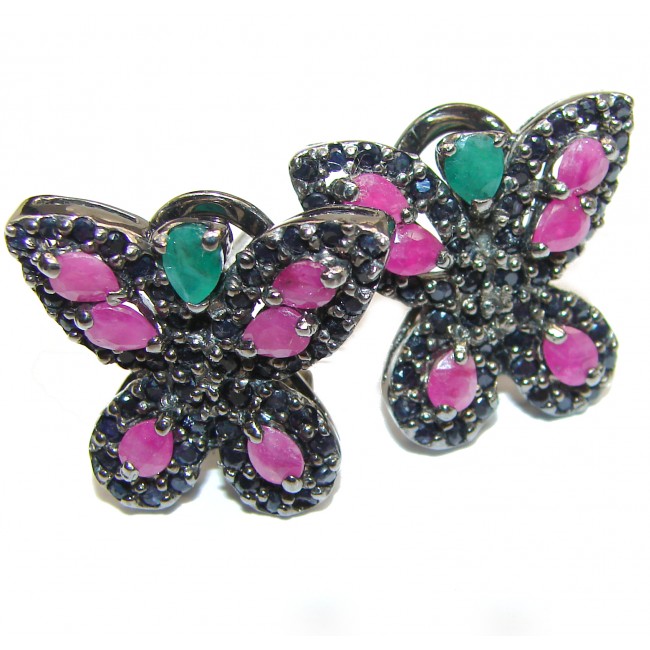 Butterflies Authentic Ruby Emerald .925 Sterling Silver handcrafted earrings