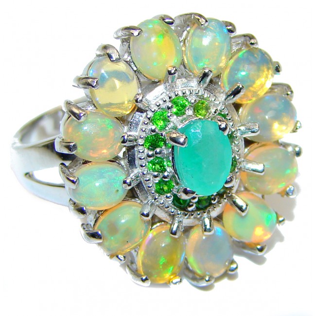 Fancy Ethiopian Opal Emerald .925 Sterling Silver handcrafted ring size 8 1/4