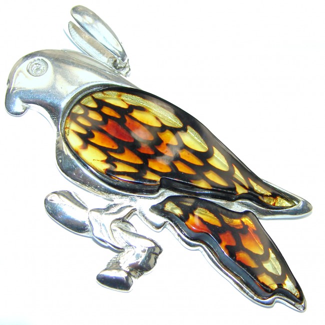 Parrot Natural Baltic Amber .925 Sterling Silver handmade Pendant